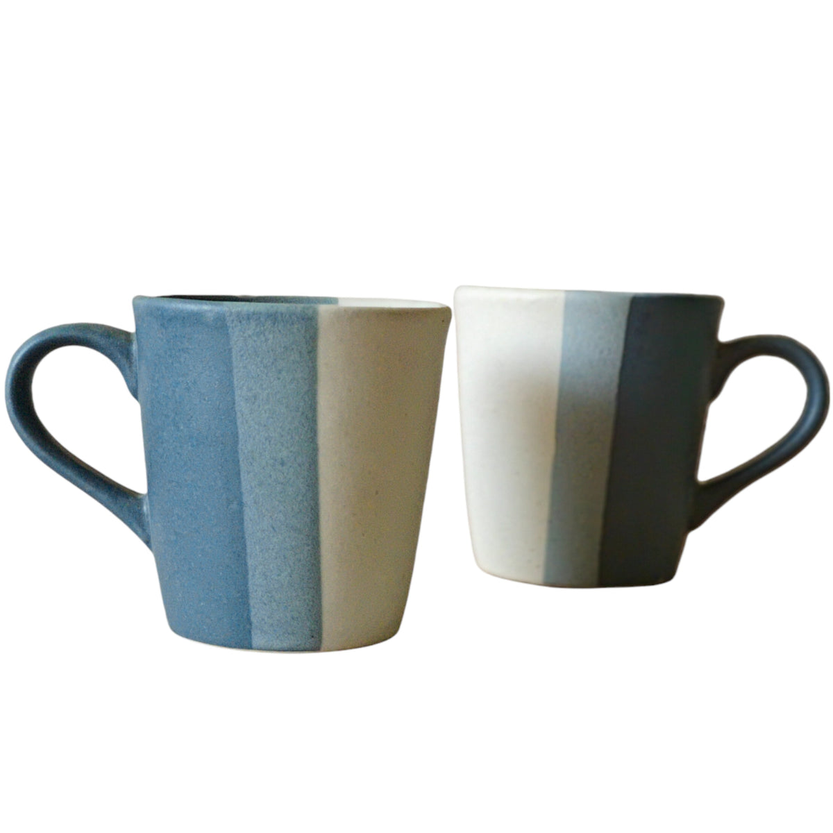 Claymistry Ceramic White, Grey & Blue Stripes Mug | Set of 2 | 13cm * 9cm * 10cm | Matte Finish | Dishwasher, Oven & Microwave Safe | Coffee, Tea, Green Tea & Milk Mug | Premium Kitchen Crockery