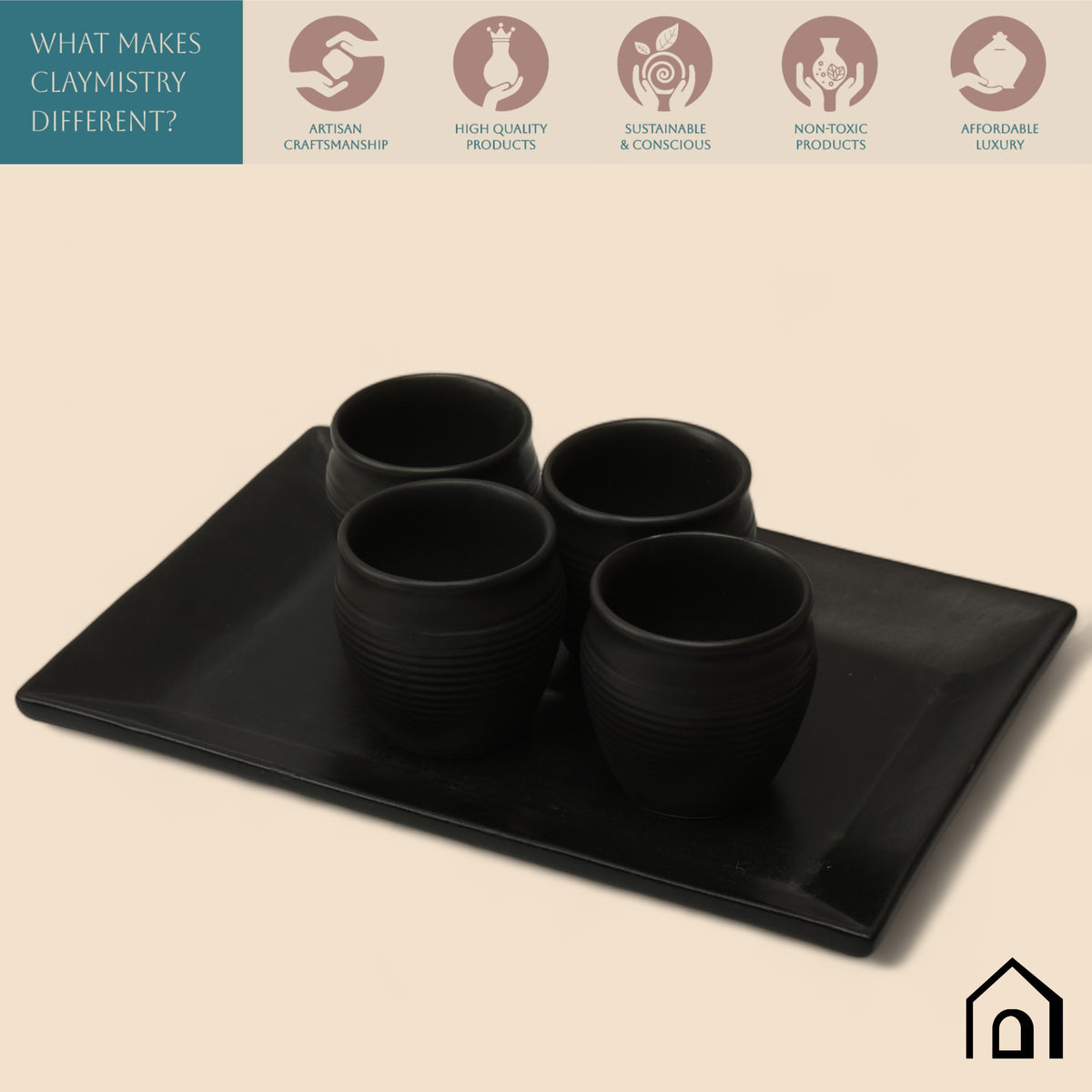 Claymistry Ceramic Black Kulhad | Set of 2 |8cm * 8cm * 8cm | Glossy Finish | Dishwasher, Oven & Microwave Safe | Coffee, Tea, Green Tea, Soup, Milk & Beverages Kulhad | Premium Kitchen Crockery