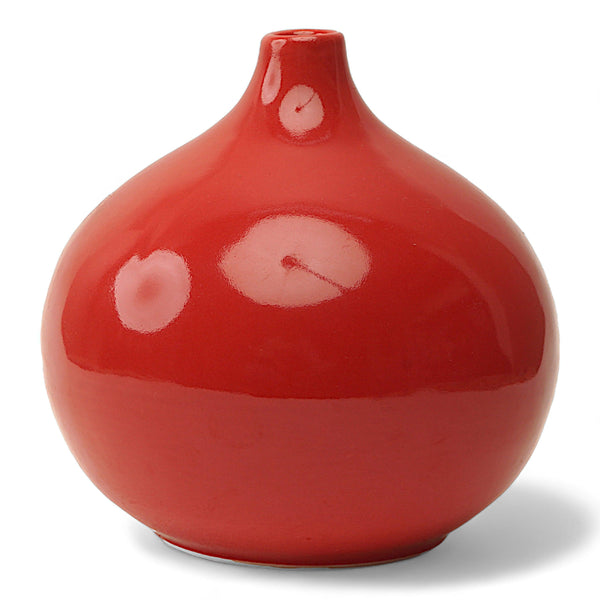 Display image of red ceramic vase with a round bulbous shape and narrow neck.