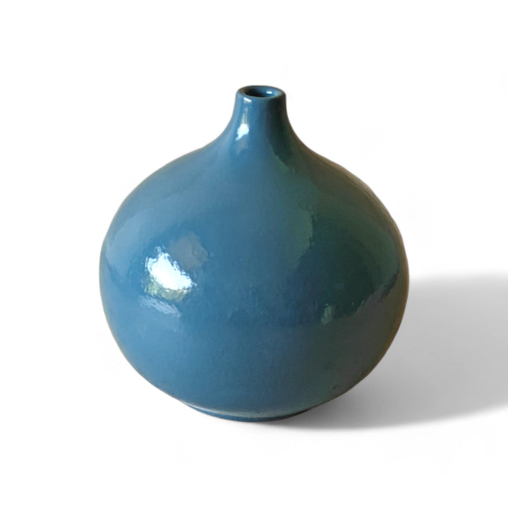 Display image of grey ceramic vase with a round bulbous shape and narrow neck.