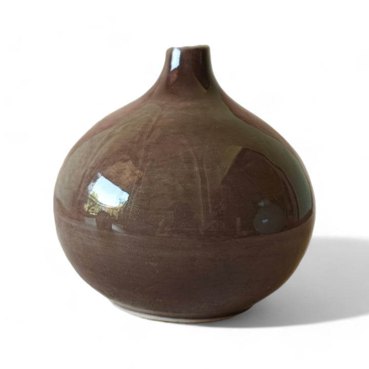 Display image of brown vase with a round bulbous shape and narrow neck.