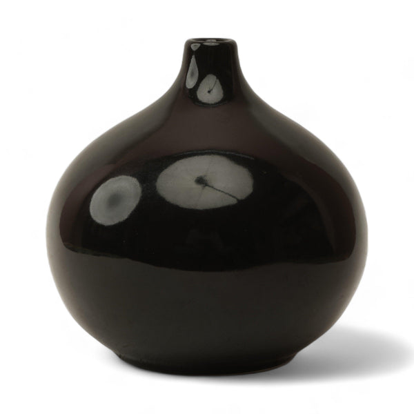 Display image of black ceramic vase with a round bulbous shape and narrow neck.