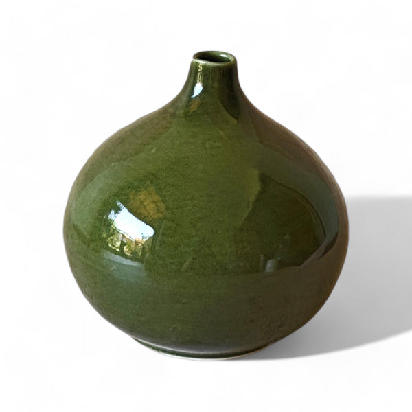 Display image of olive green  ceramic vase with a round bulbous shape and narrow neck.