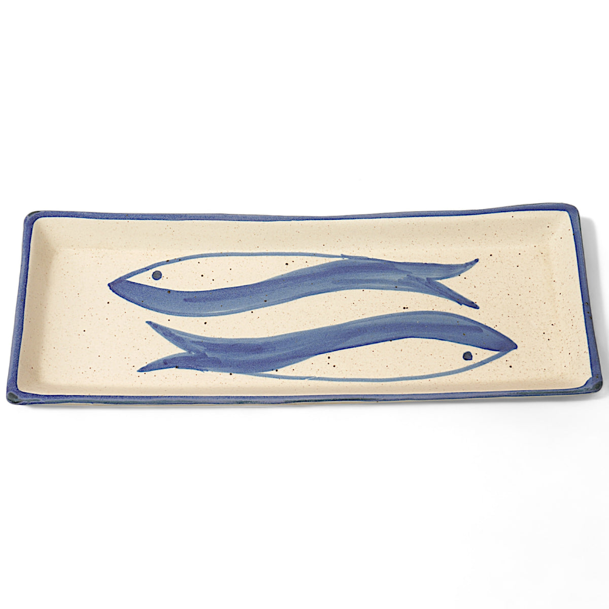 Claymistry Ceramic Dinner & Snacks White with Blue Fish Rectangle Serving Plate | 30cm * 11cm * 3cm | Matte | Dishwasher & Microwave Safe | Paneer Tikka, Kebab, Fish Platter | Premium Kitchen Crockery