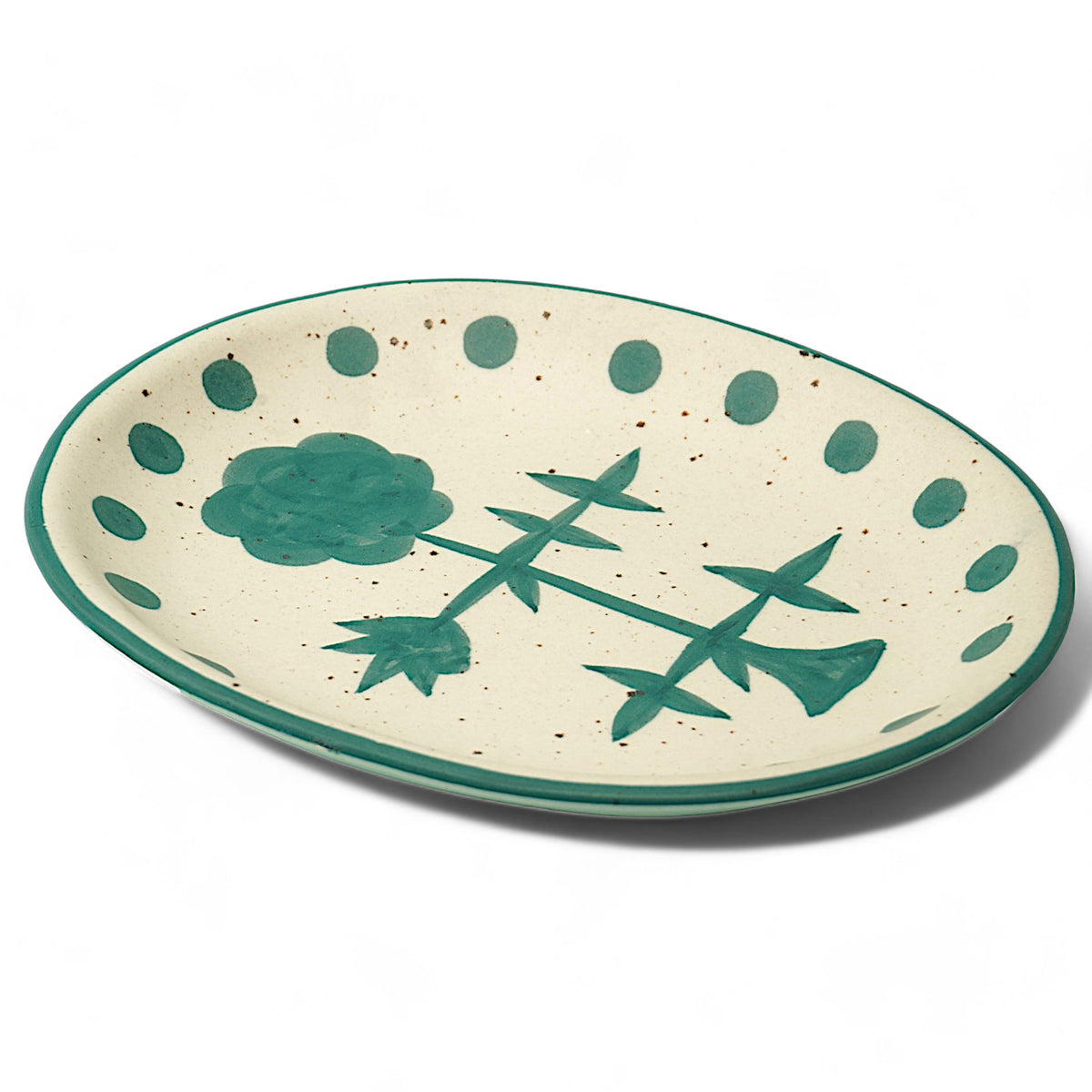 Claymistry Ceramic Snacks White with Green Flowers Round Serving Tray | 26cm * 21cm * 3cm | Matte Finish | Dishwasher, Oven & Microwave Safe | Biscuit, Namkeen, Chips, Tray | Premium Kitchen Crockery
