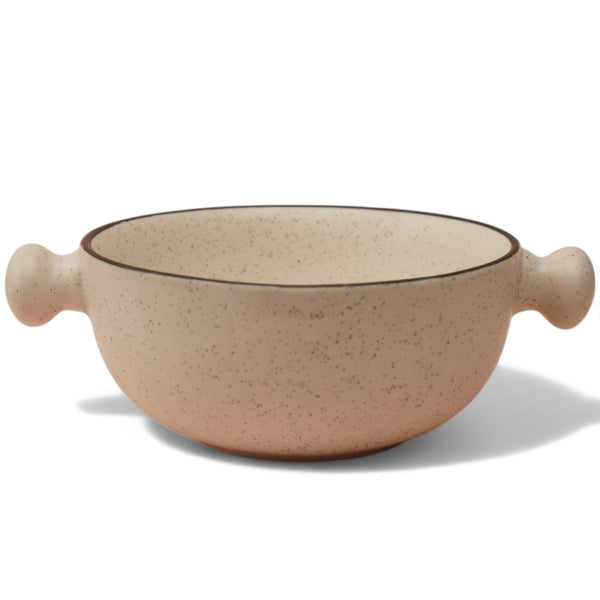 Display image of Speckled beige ceramic bowl with round handles and a dark brown rim.