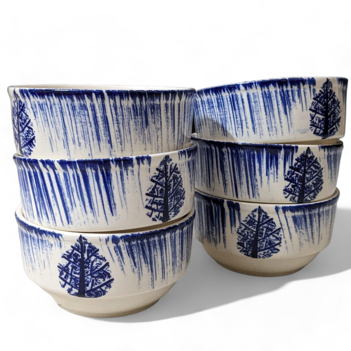 Claymistry Ceramic White with Traditional Leaf Prints Serving Bowl | Set of 6 | 12cm * 12cm * 6cm | Glossy | Dishwasher & Microwave Safe | Salad, Dessert, Mixing Bowl | Premium Kitchen Crockery