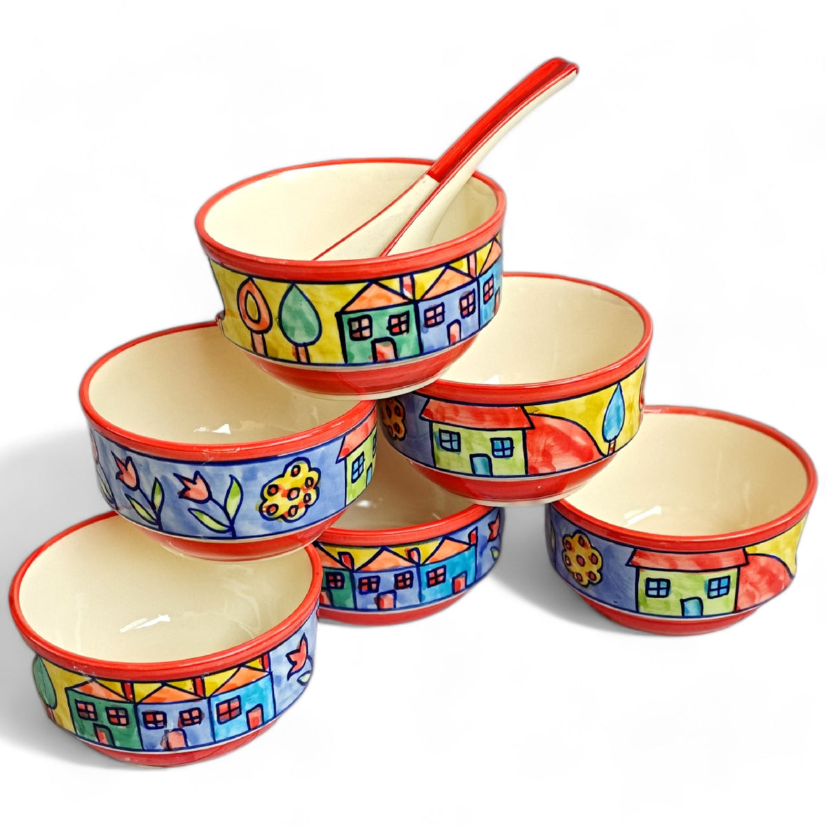 Claymistry Ceramic Handprinted Multicolor Design Serving Bowl | Set of 6 | 12cm * 12cm * 6cm | Glossy | Dishwasher & Microwave Safe | Salad, Fruit, Dessert, Mixing Bowl | Premium Kitchen Crockery