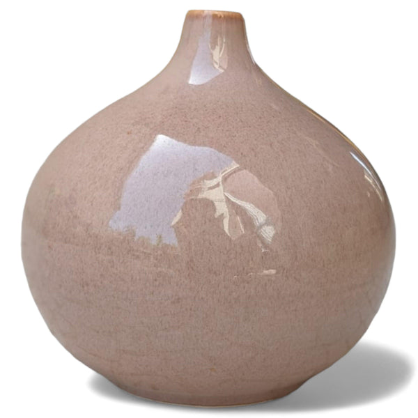 Display image of coffe color ceramic vase with a round bulbous shape and narrow neck.