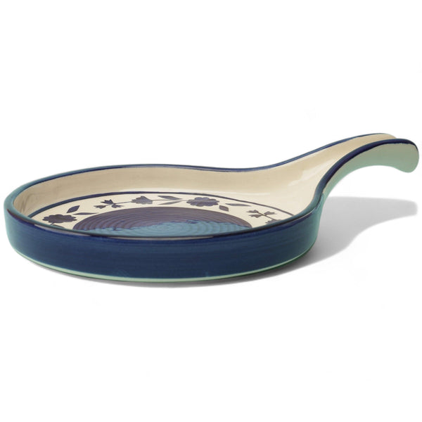 Display image of Blue Petal Platter featuring hand-painted floral design in vibrant blue hues, perfect for serving appetizers, desserts, or main courses; durable, microwave and dishwasher safe, with a non-slip base. Made from lead, cadmium, and arsenic-free materials for health-conscious dining. 