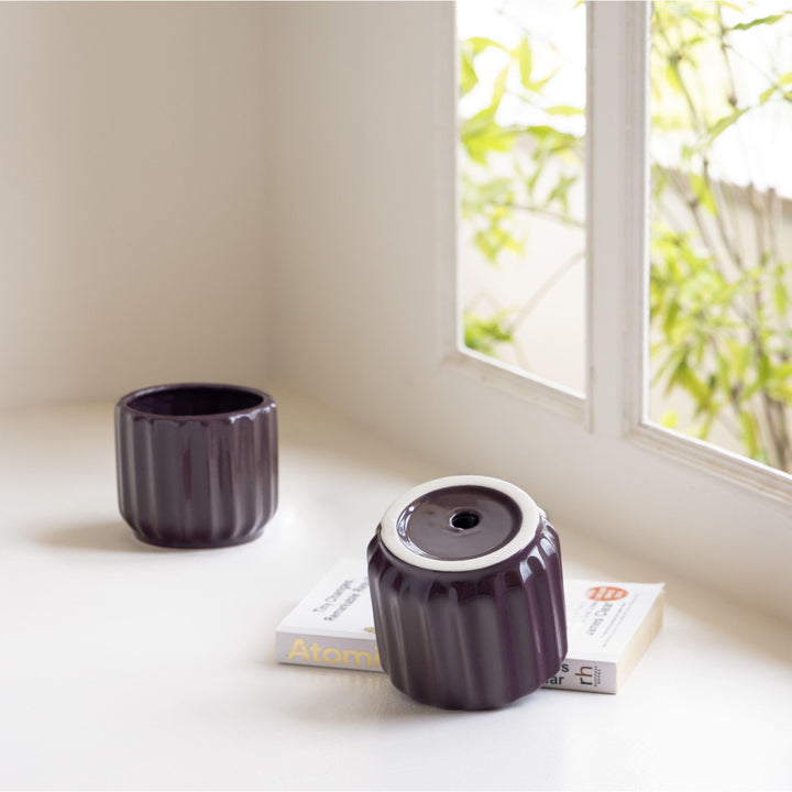 Display image of plum ceramic planter with a ribbed texture and glossy finish.