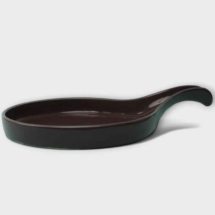 Display image of purple ceramic Streamline Platter featuring minimalist design for modern table settings; perfect for serving appetizers, desserts, or main courses. Crafted from high-quality, durable ceramic, this elegant platter is microwave and dishwasher safe, non-toxic, and includes a non-slip base for added safety and convenience. Ideal for both casual meals and special occasions.