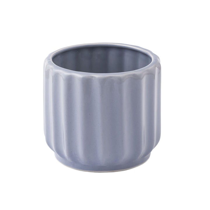 Display image of blue grey ceramic planter with a ribbed texture and glossy finish.