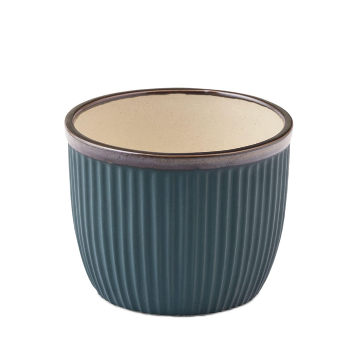 Display image of Handcrafted Top Trimmed ceramic planter with a ribbed texture in a sea green tone tone and a black rim, designed for indoor use.