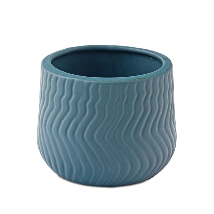 Display image of deep sea green ceramic planter with a wavy textured pattern and matte finish.