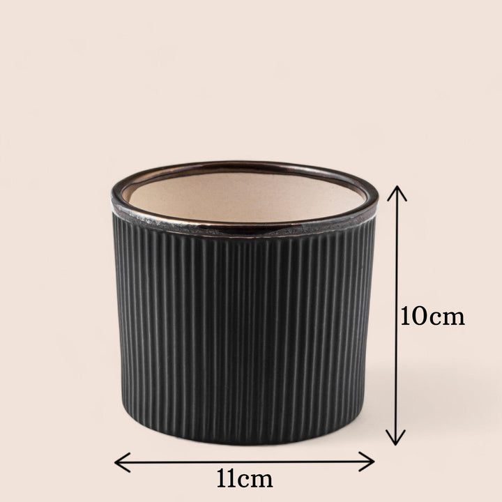 Display image of Black ceramic planter with a ribbed texture and brown rim, featuring a matte finish.