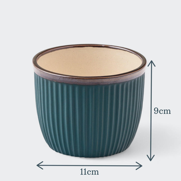 Display image of Handcrafted Top Trimmed ceramic planter with a ribbed texture in a sea green tone tone and a black rim, designed for indoor use.