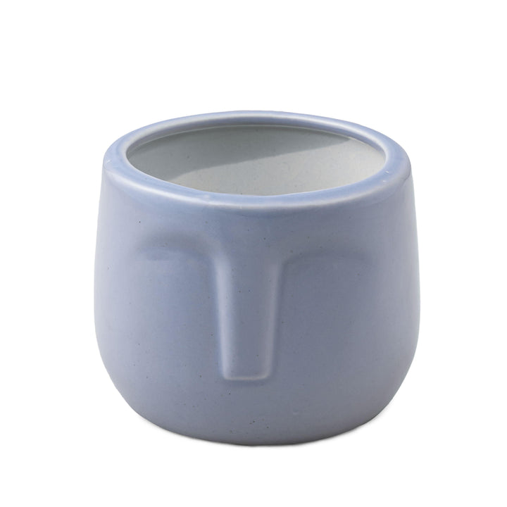 Display image of blue grey ceramic planter with a minimalist face design and a smooth matte finish.