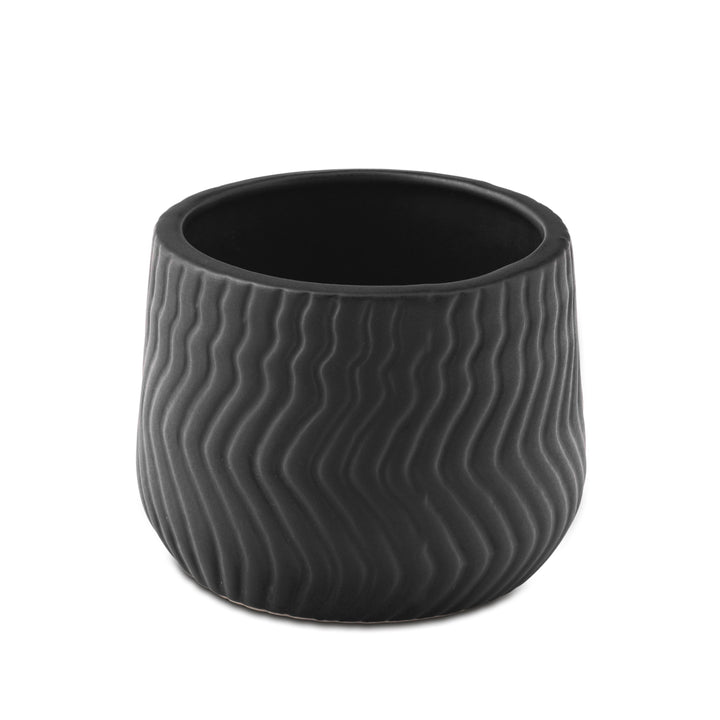 Display image of black ceramic planter with a wavy textured pattern and matte finish.