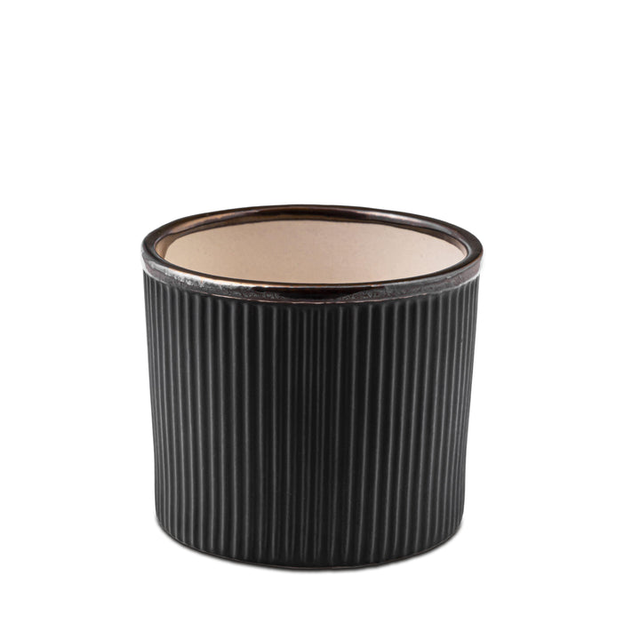 Display image of Black ceramic planter with a ribbed texture and brown rim, featuring a matte finish.