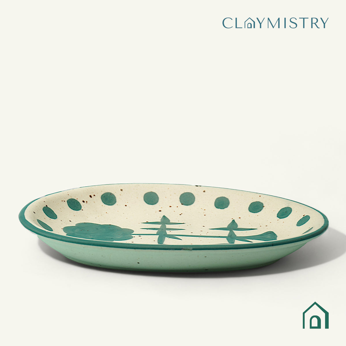 Claymistry Ceramic Snacks White with Green Flowers Round Serving Tray | 26cm * 21cm * 3cm | Matte Finish | Dishwasher, Oven & Microwave Safe | Biscuit, Namkeen, Chips, Tray | Premium Kitchen Crockery
