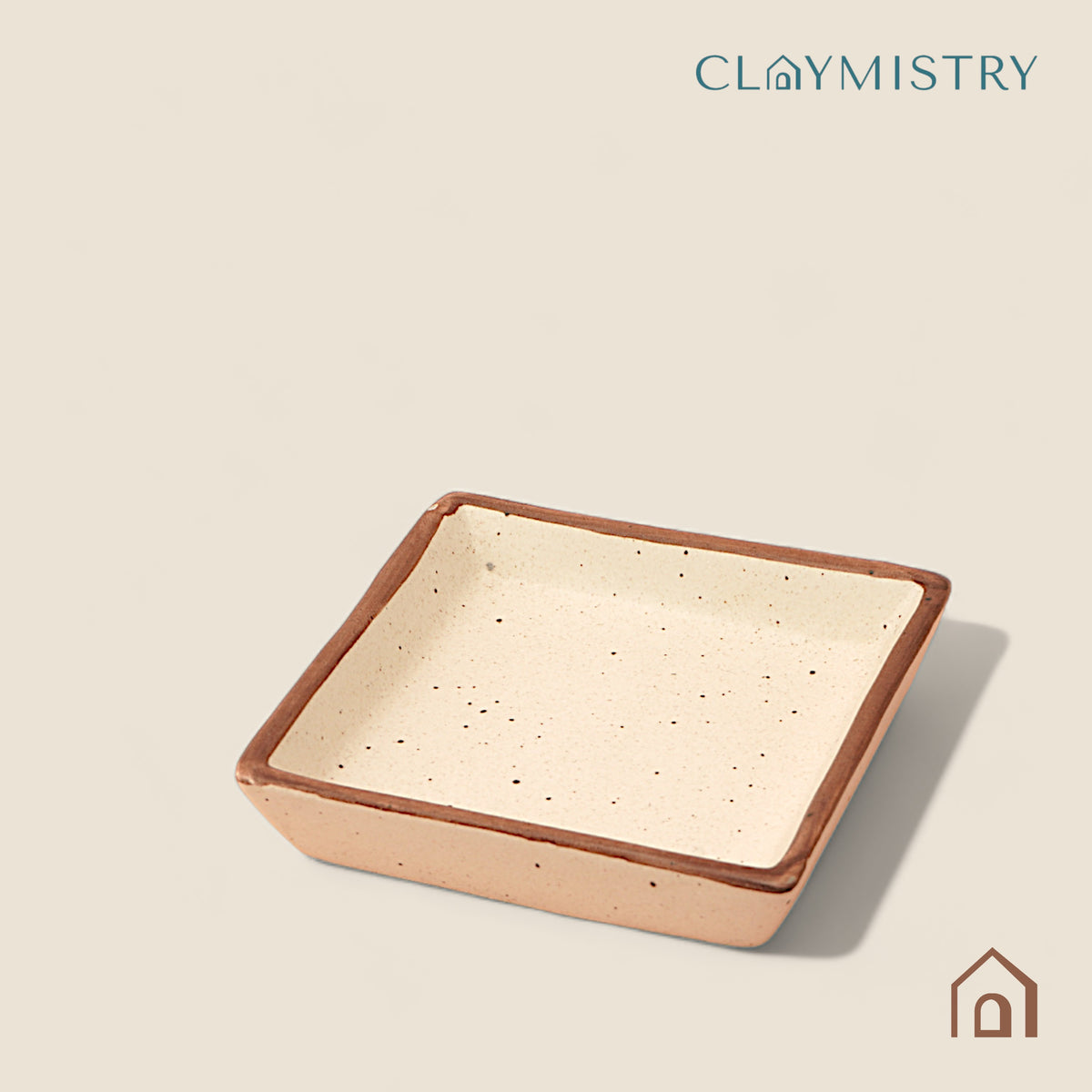 Claymistry Small Ceramic Snacks Ivory with Brown Edges Square Shaped Serving Tray | 13cm * 13cm * 3cm | Matte | Dishwasher & Microwave Safe | Biscuit, Namkeen, Chips, Tray | Premium Kitchen Crockery