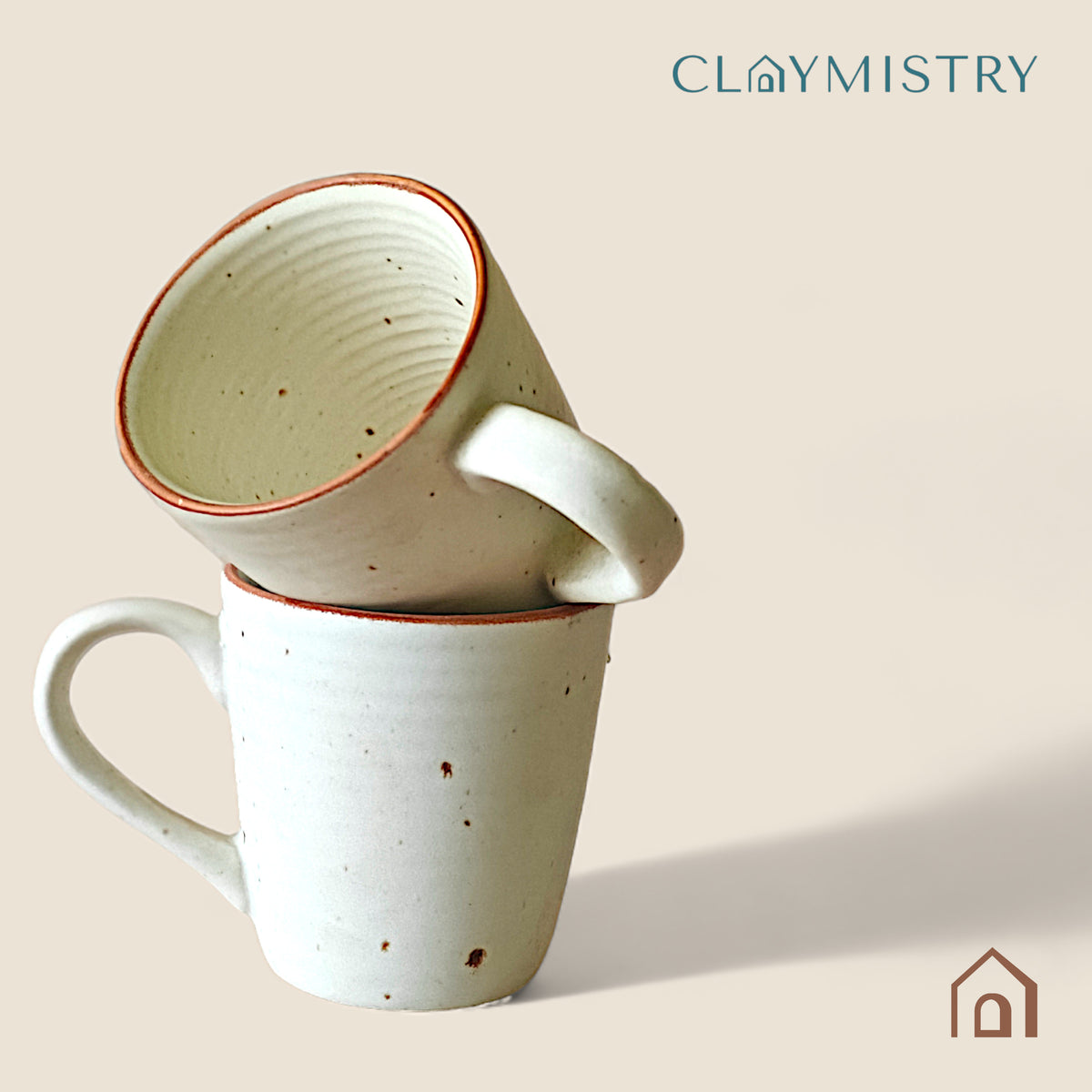 Claymistry Ceramic Mug with Ridges Combo | Set of 2 | Ivory with Brown Edge | Coffee Mugs | Tea Kettles | Ceramic Combos | 11*8*8 cms | Matte