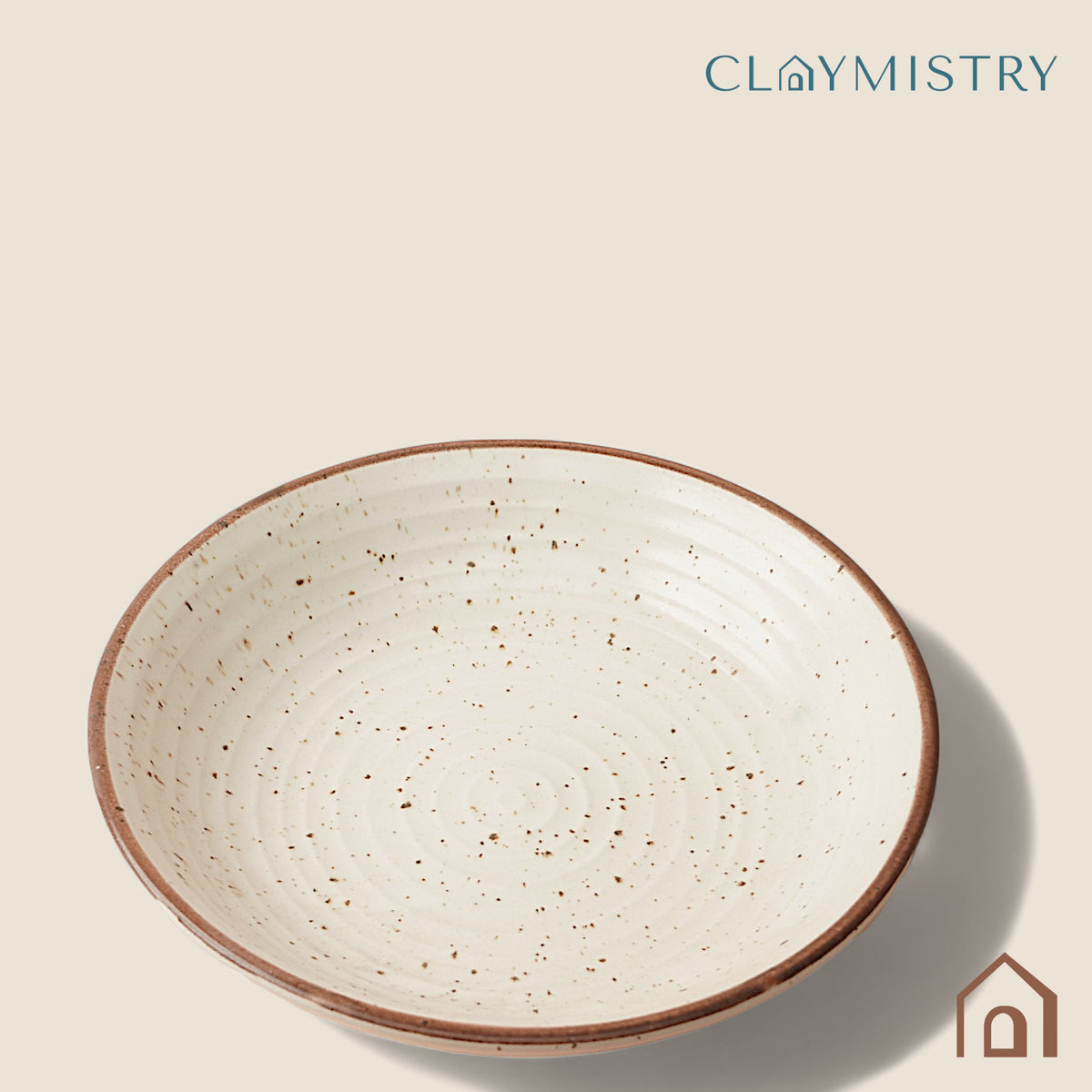 Claymistry Ceramic Dinner & Snacks Ivory with Brown Borders & Ridges Pasta / Italian Plate | 24cm * 24cm * 6cm | Matte | Dishwasher & Microwave Safe | Dinnerware Serving Plate Thali | Premium Crockery