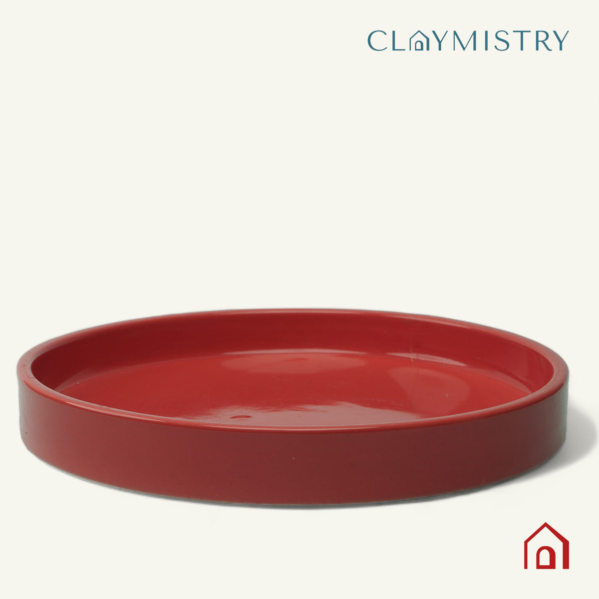 Claymistry Ceramic Dinner & Snacks Red Round Serving Tray | 25cm * 25cm * 3cm | Glossy | Dishwasher & Microwave Safe | Paani Puri, Donut, Pao Bhaji, Momos, Bhature Idli Tray | Premium Kitchen Crockery