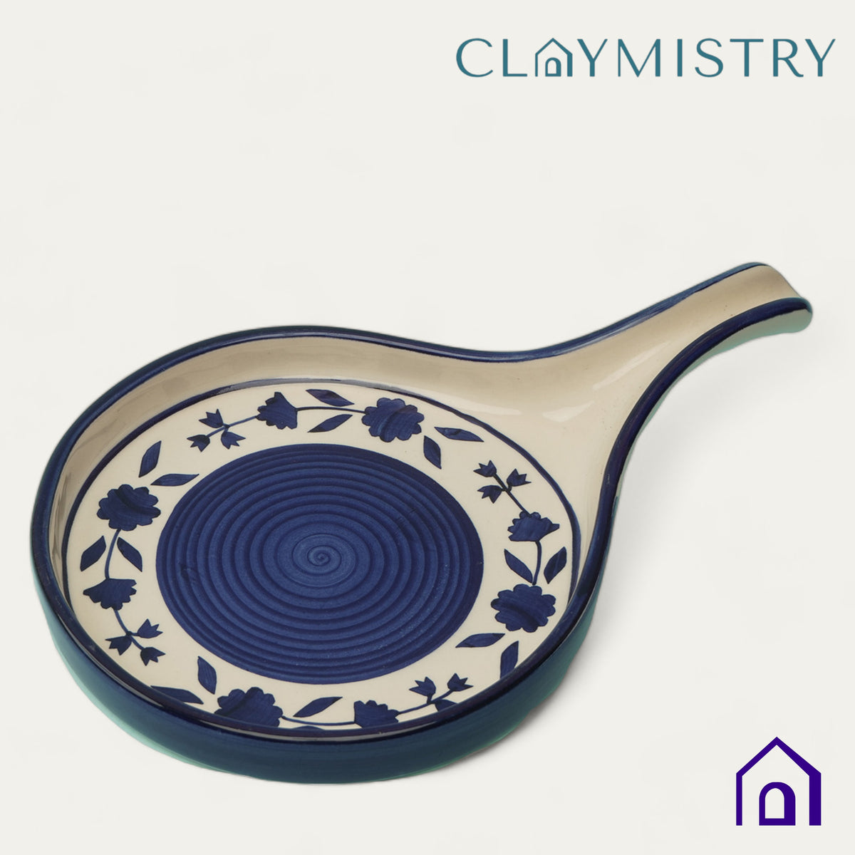 Claymistry Ceramic Dinner & Snacks Round Blue & White Florals with Handle Tray, Set of 1 | 33cm * 21cm * 3cm | Glossy Finish | Dishwasher & Microwave Safe | Dinnerware Serving Thali | Premium Crockery
