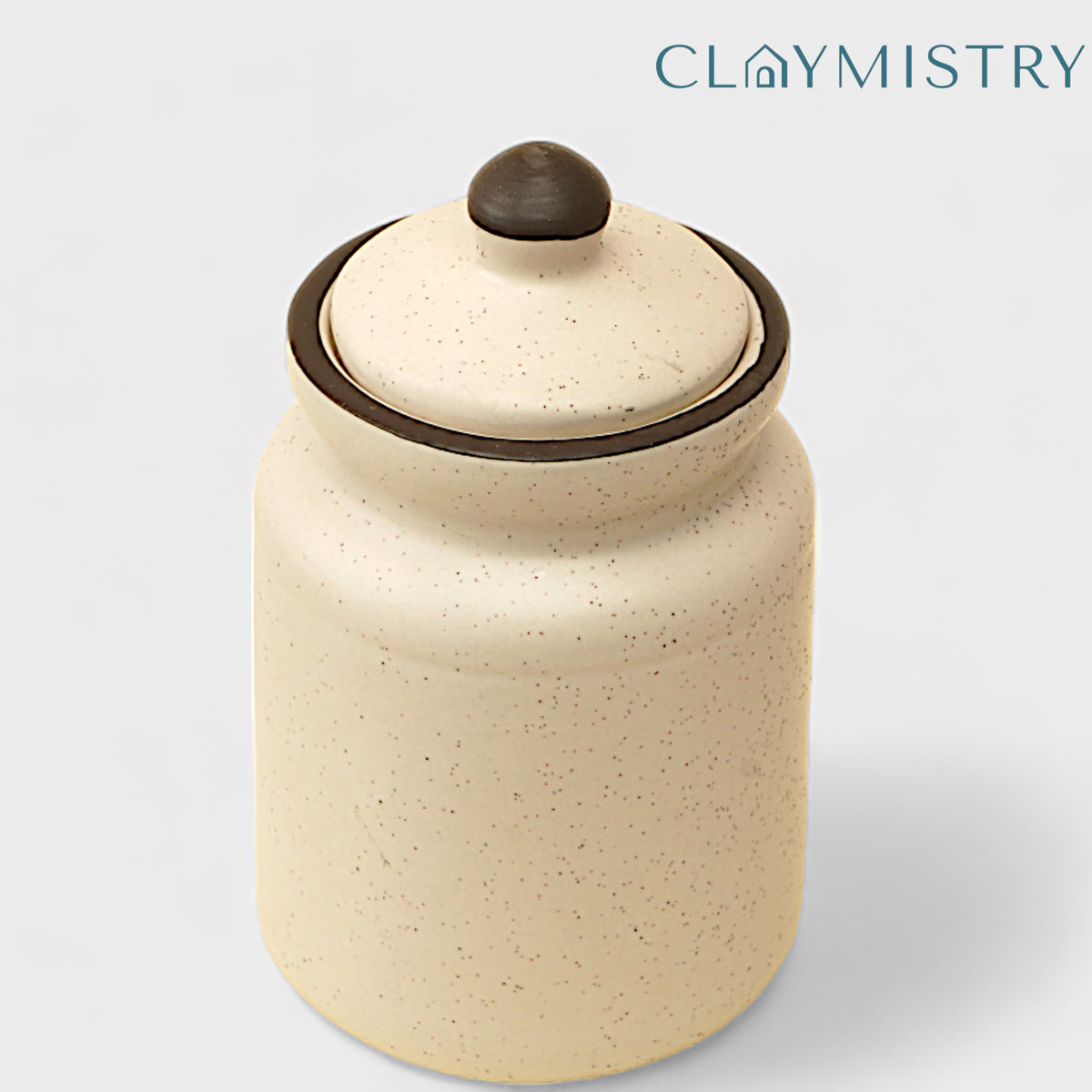 Claymistry Multi Utility Ceramic White with Brown Edges Storage Box with Lid | 9cm * 9cm * 16cm | Matte Finish | Spices, Ghee, Sugar, Food Storage Container | Dishwasher Safe | Tea Coffee Kettle Jar