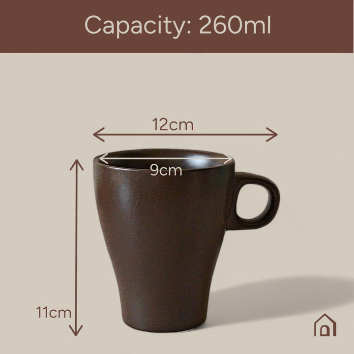 Display image of brown ceramic coffee mug with a glossy finish and ergonomic handle.