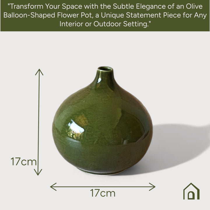 Display image of olive green ceramic vase with a round bulbous shape and narrow neck.