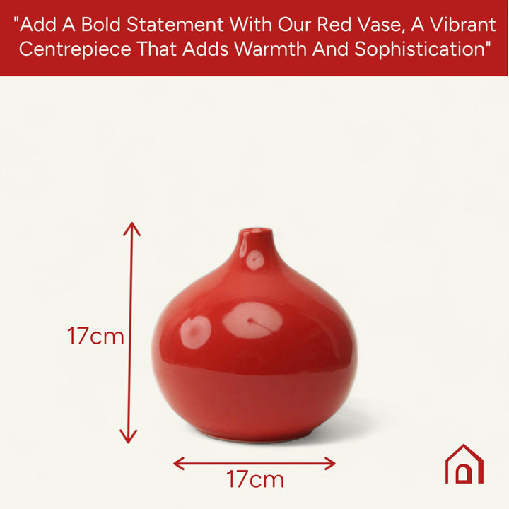 Display image of red ceramic vase with a round bulbous shape and narrow neck.