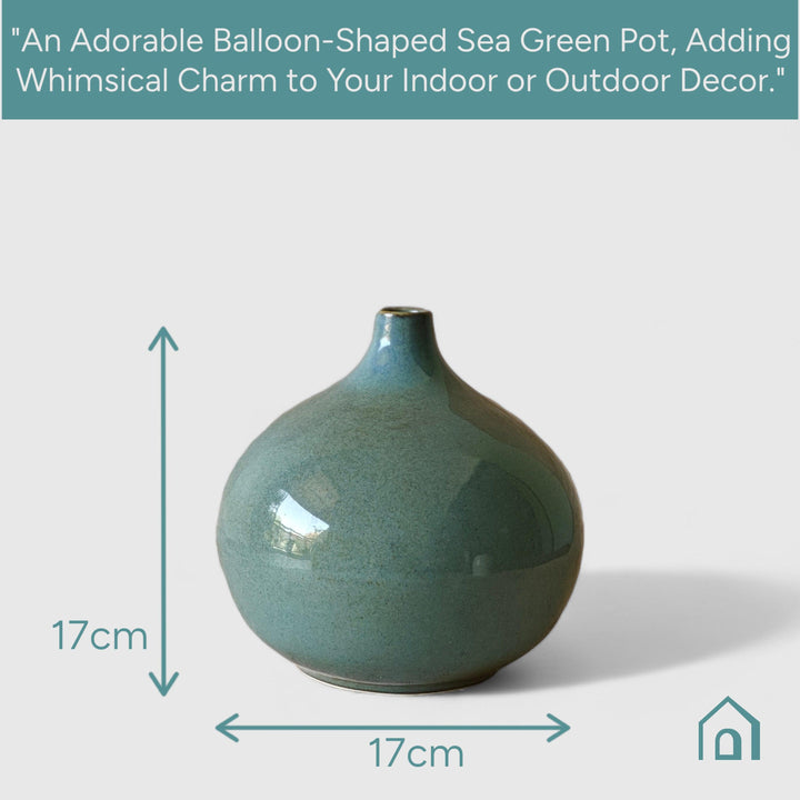 Display image of sea green ceramic vase with a round bulbous shape and narrow neck.