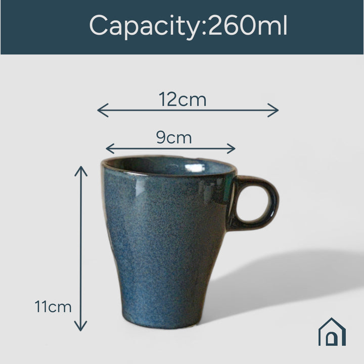 Display image of dark blue ceramic coffee mug with a glossy finish and ergonomic handle.