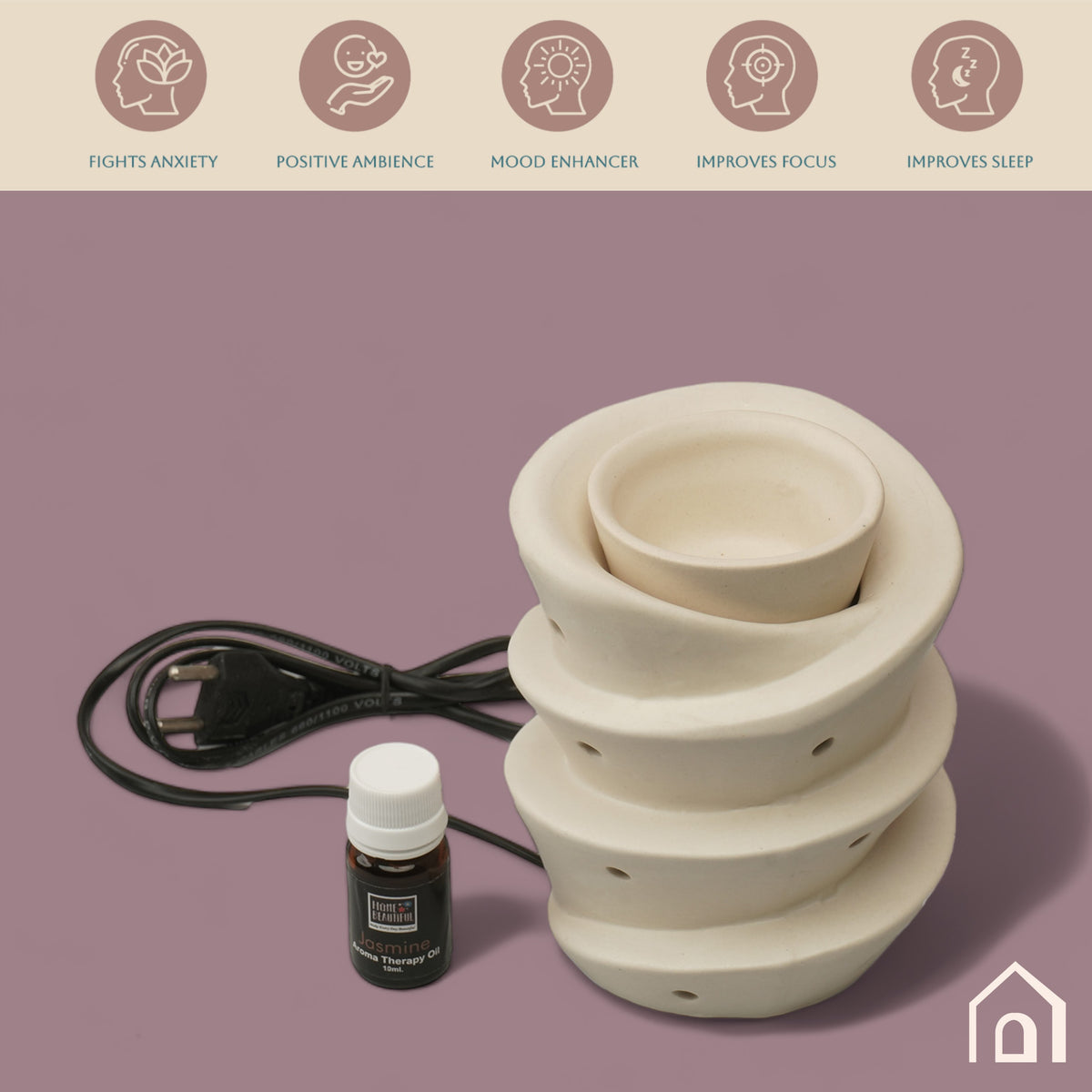 Claymistry Ceramic Electric White Aroma Spiral Lamp Diffuser | 14cm * 14cm * 16cm | Matte Finish | Aroma Oil Burner for Aromatherapy | Home Decor and Fragrance with Aroma Oil (Jasmine Fragrance 10 ml)