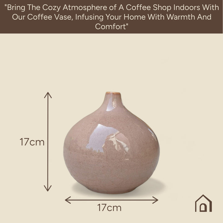 Display image of coffe color ceramic vase with a round bulbous shape and narrow neck.