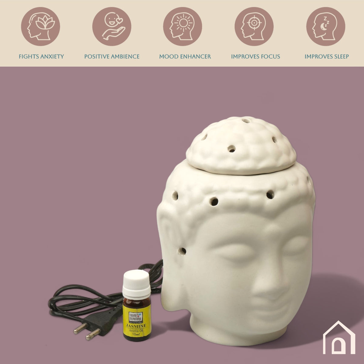 Claymistry Ceramic Electric Ivory Aroma Buddha Lamp Diffuser | 18cm * 18cm * 20cm | Matte Finish | Aroma Oil Burner for Aromatherapy | Home Decor and Fragrance with Aroma Oil (Jasmine Fragrance 10 ml)