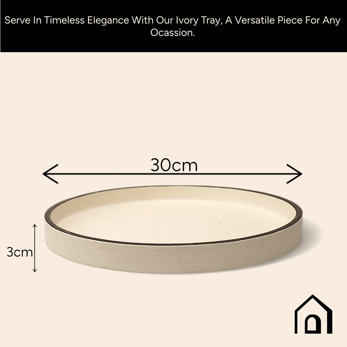 Claymistry Ceramic Dinner & Snacks Ivory with Black Edges Round Tray, Set of 1 | 30cm * 30cm * 3cm | Matte Finish | Dishwasher & Microwave Safe | Dinnerware Serving Thali | Premium Kitchen Crockery