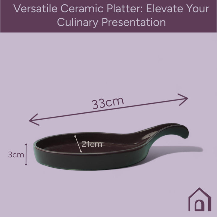 Display image of purple ceramic Streamline Platter featuring minimalist design for modern table settings; perfect for serving appetizers, desserts, or main courses. Crafted from high-quality, durable ceramic, this elegant platter is microwave and dishwasher safe, non-toxic, and includes a non-slip base for added safety and convenience. Ideal for both casual meals and special occasions.