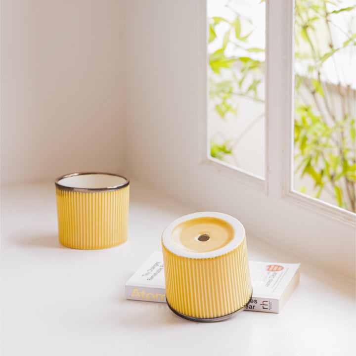 Display image of sunset yellow  ceramic planter with a ribbed texture and brown rim, featuring a matte finish.