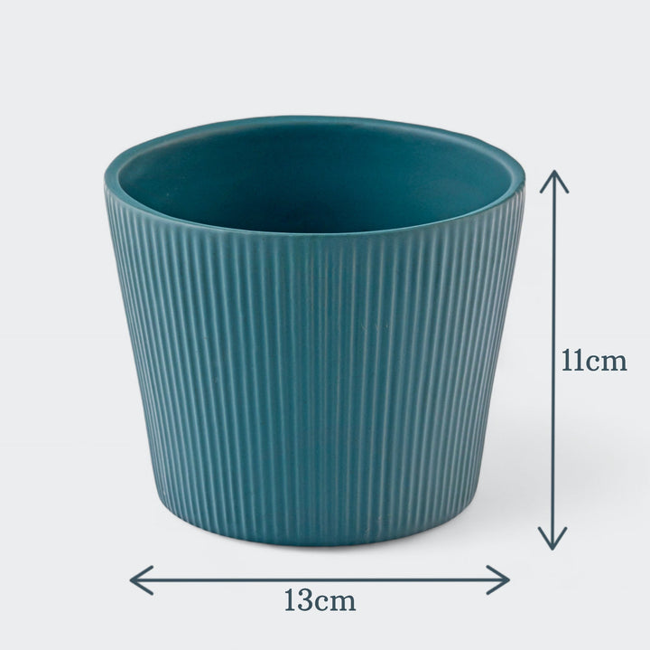 Teal ceramic planter with ribbed texture, displayed with dimensions of 13cm width and 11cm height.