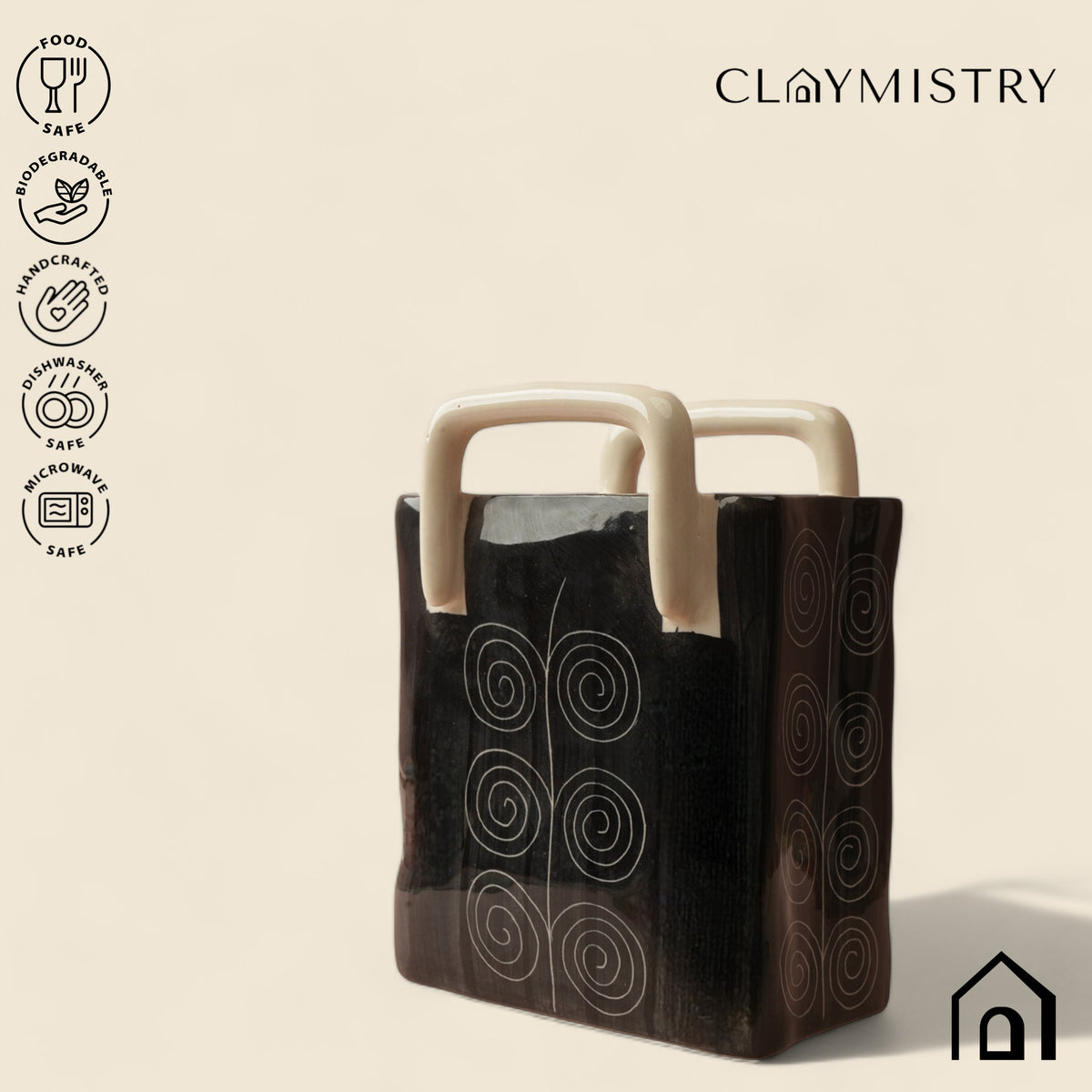 Claymistry Ceramic Black with White Design Bag Shaped Vase | 14cm * 7cm * 19cm | Glossy | Cutlery, Tissue Paper, Napkin Holder | Home Decor, Living Room, Office, Center Table Centrepiece Vase