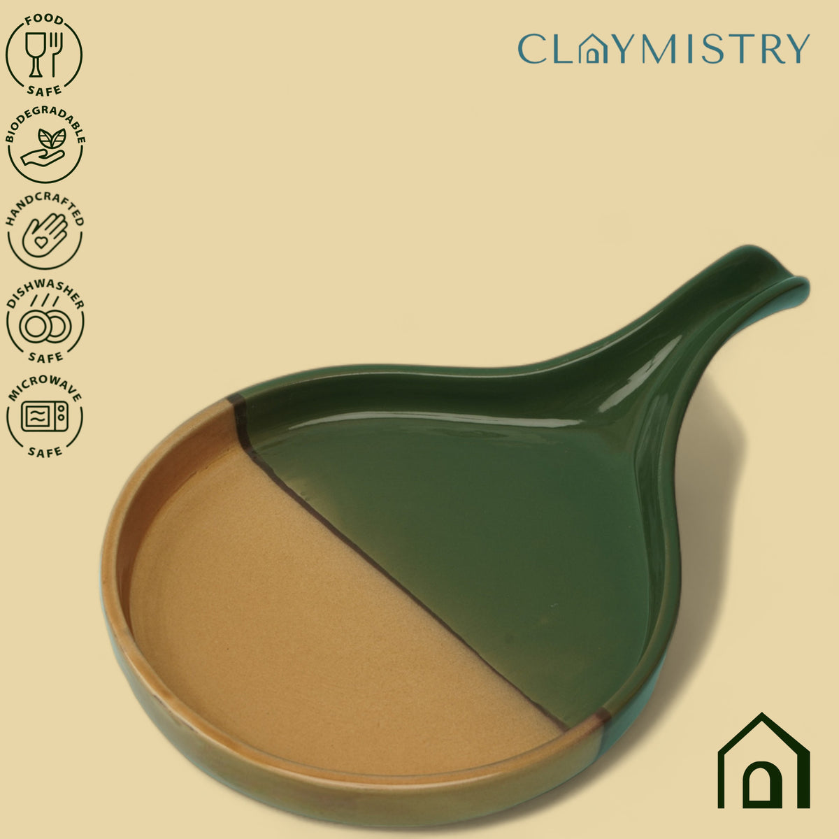 Claymistry Ceramic Dinner & Snacks Round Green Mustard with Handle Tray, Set of 1 | 33cm * 21cm * 3cm | Glossy Finish | Dishwasher & Microwave Safe | Dinnerware Plate Thali | Premium Kitchen Crockery