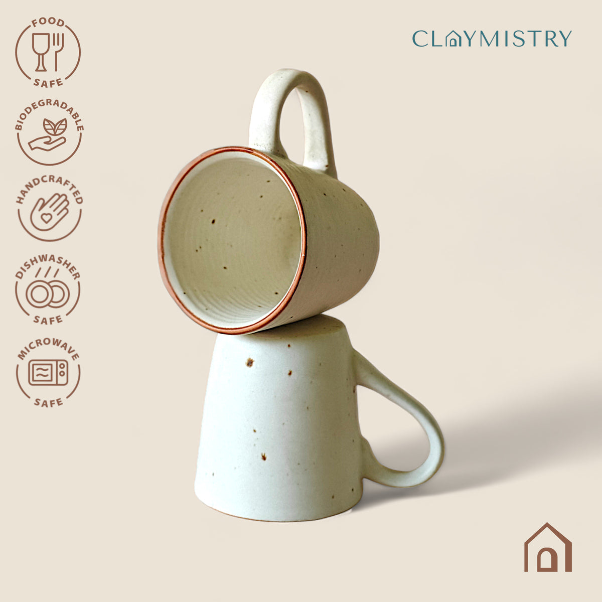Claymistry Ceramic Mug with Ridges Combo | Set of 2 | Ivory with Brown Edge | Coffee Mugs | Tea Kettles | Ceramic Combos | 11*8*8 cms | Matte