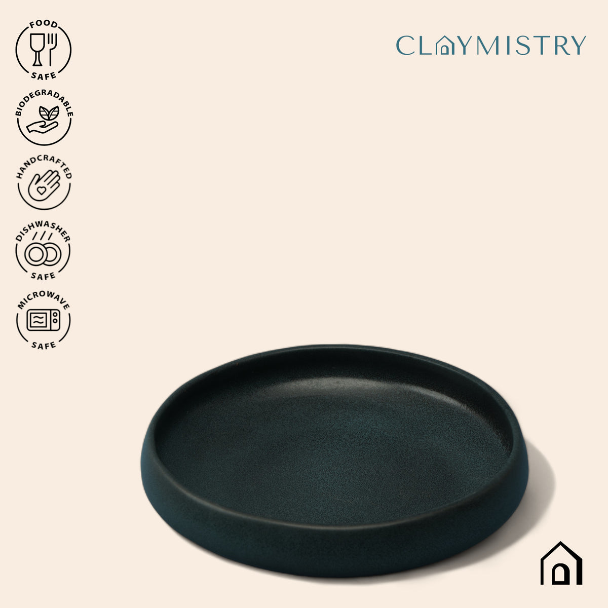 Claymistry Ceramic Dinner & Snacks Black Serving Pasta Plate | Set of 1 | 23cm * 23cm * 5cm | Matte | Dishwasher, Oven & Microwave Safe | Dinnerware Ramen, Khichadi, Halwa | Premium Kitchen Crockery