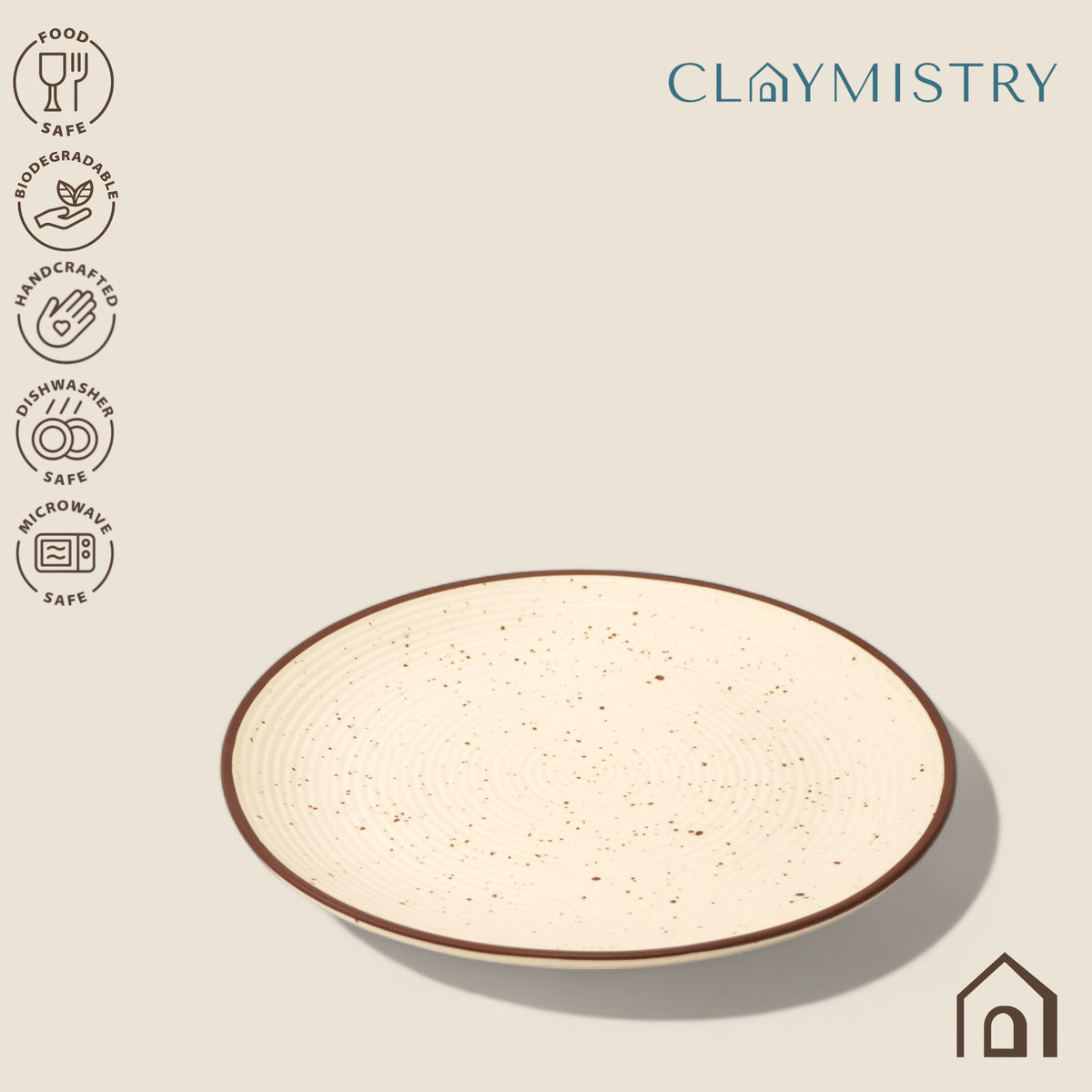 Claymistry Big Ceramic Dinner & Snacks Ivory with Brown Edges Serving Plate | 26cm * 26cm * 3cm | Matte Finish | Dishwasher, Oven & Microwave Safe | Dinnerware Plate Thali | Premium Kitchen Crockery