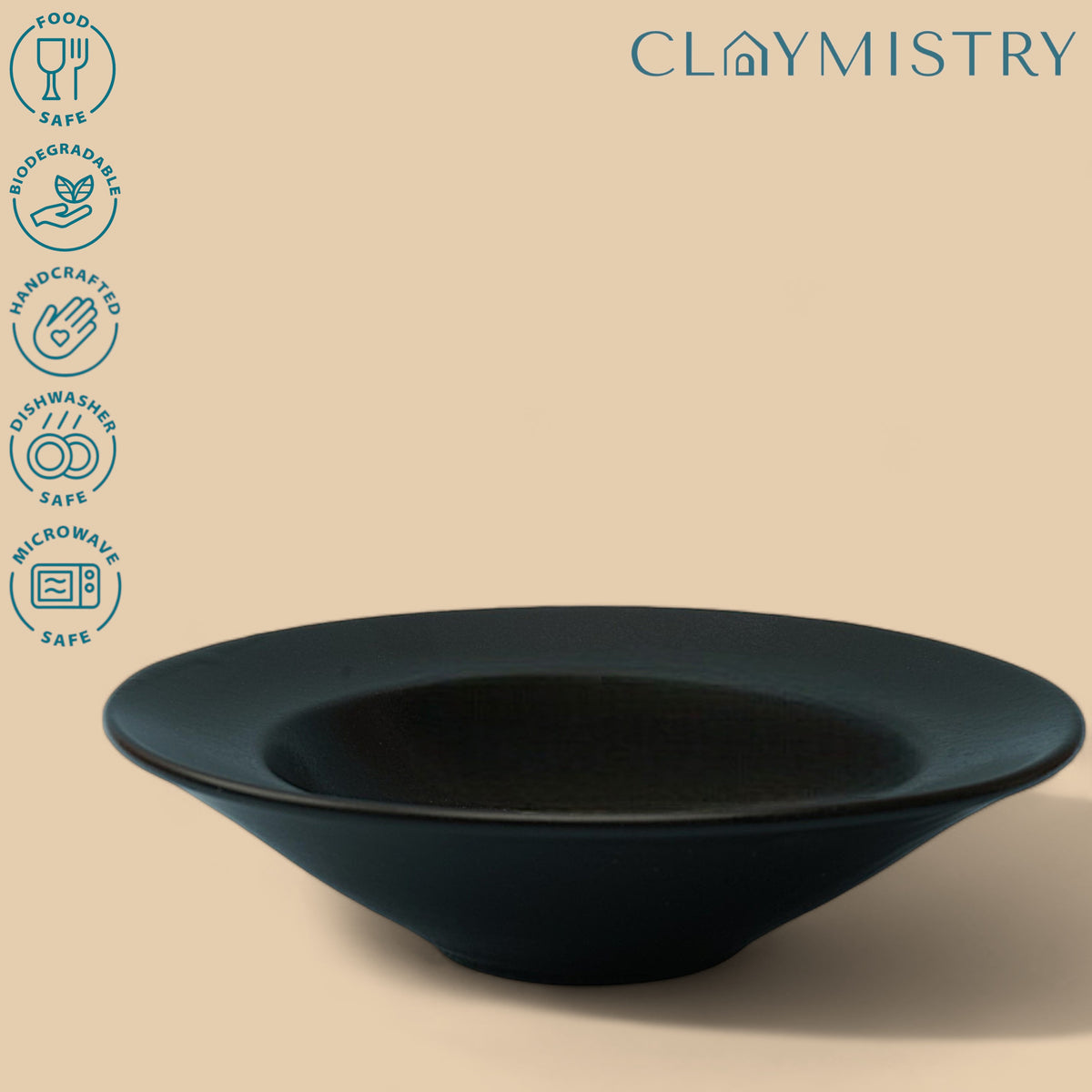 Claymistry Multi Utility Ceramic Dinner & Snacks Black Triangular Serving Plate, (24cm * 24cm * 6cm) Glossy | Dishwasher, Oven & Microwave Safe | Dinnerware Plate Thali Thupka Bowl | Premium Crockery