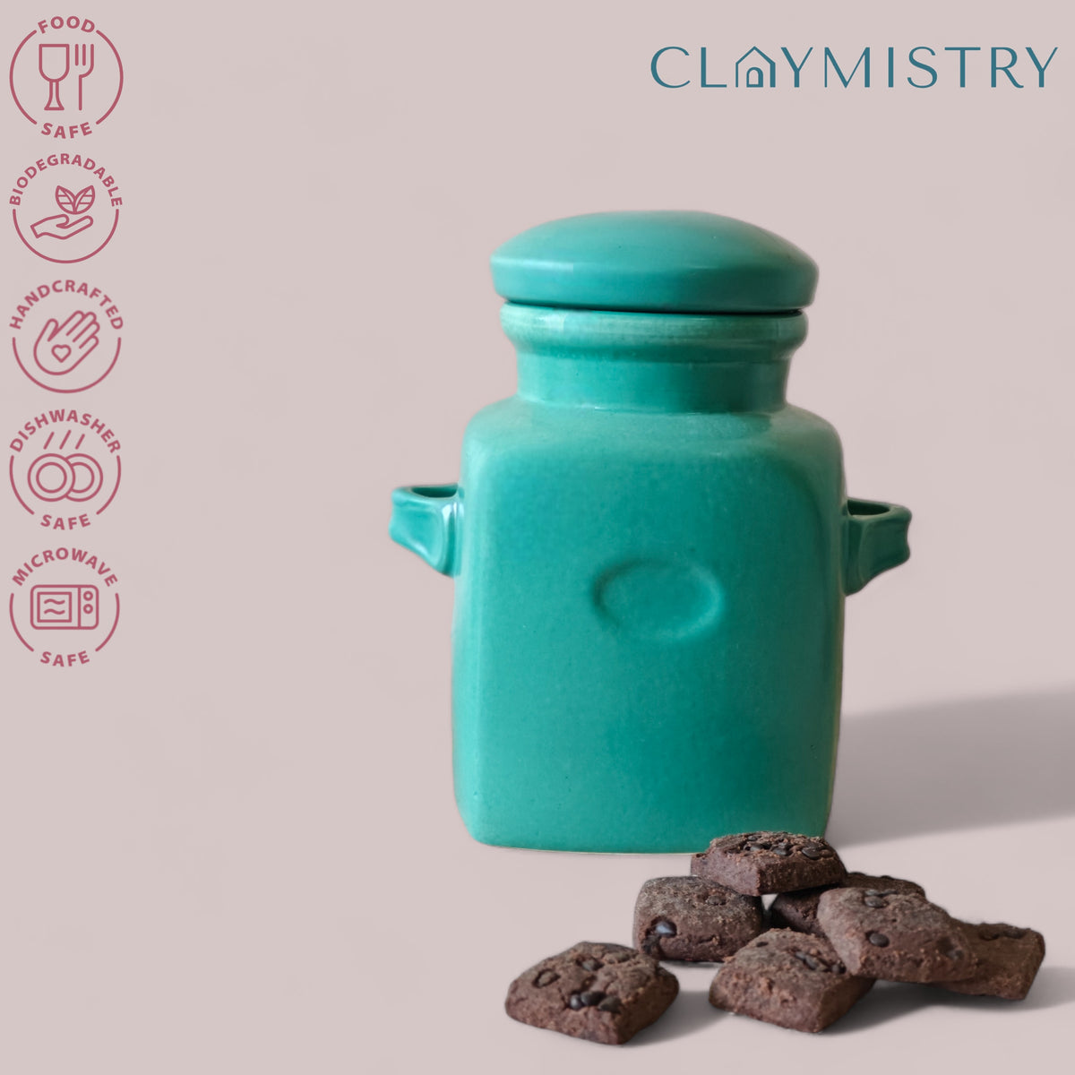 Claymistry Multi Utility Ceramic Storage Box with Lid, Set of 1 | 20cm * 14cm * 23cm | Glossy Finish | Food Storage Container | Dishwasher Safe | Teal, Kettles Jug, Jar Container